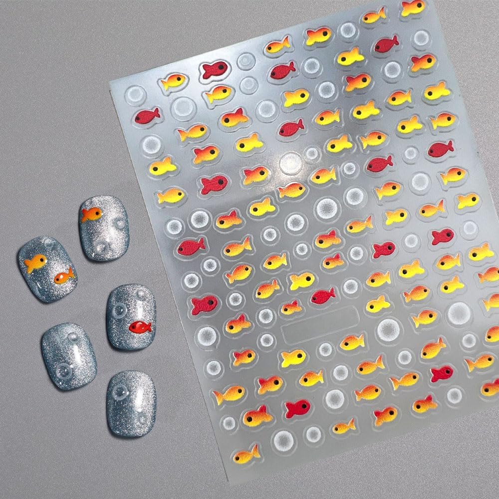 2 Sheets Red Fish Nail Art Stickers, 5D Embossed Jelly Bubble Goldfish Nail Decals Self Adhesive Koi Fish Design Manicure Sticker for Women Girls Summe Nail Accessories