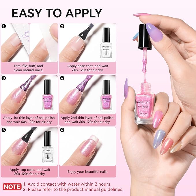 Nail Polish Set, Glitter Holographic Nude Peach Pink Shimmer Shades 16 Colors Nail Lacquer with Clear Base Top Coat & Remover Pads, Hema-free, Air Dry Non Gel