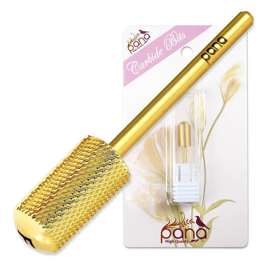 PANA 3/32" Large Smooth Round Top Safety Carbide Nail Drill Bit for Gel Polish & Acrylic Removal Nail Salon Manicure Pedicure Electric File Tools (Large Barrel - Gold, Fine)