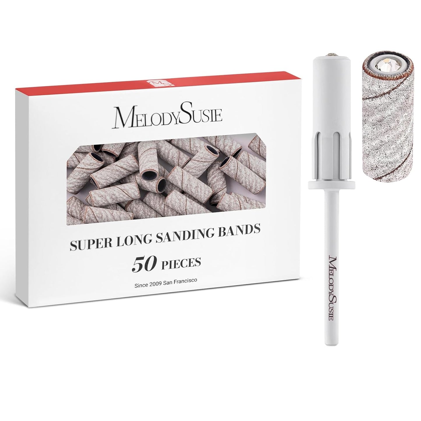 MelodySusie 50 Pcs Nail Drill Bits Super Long Sanding Bands with 6.65mm Crystal Mandrel Bit, 180 Fine Grit Nail File for Acrylic Nails Gel Manicures and Pedicure, Zebra