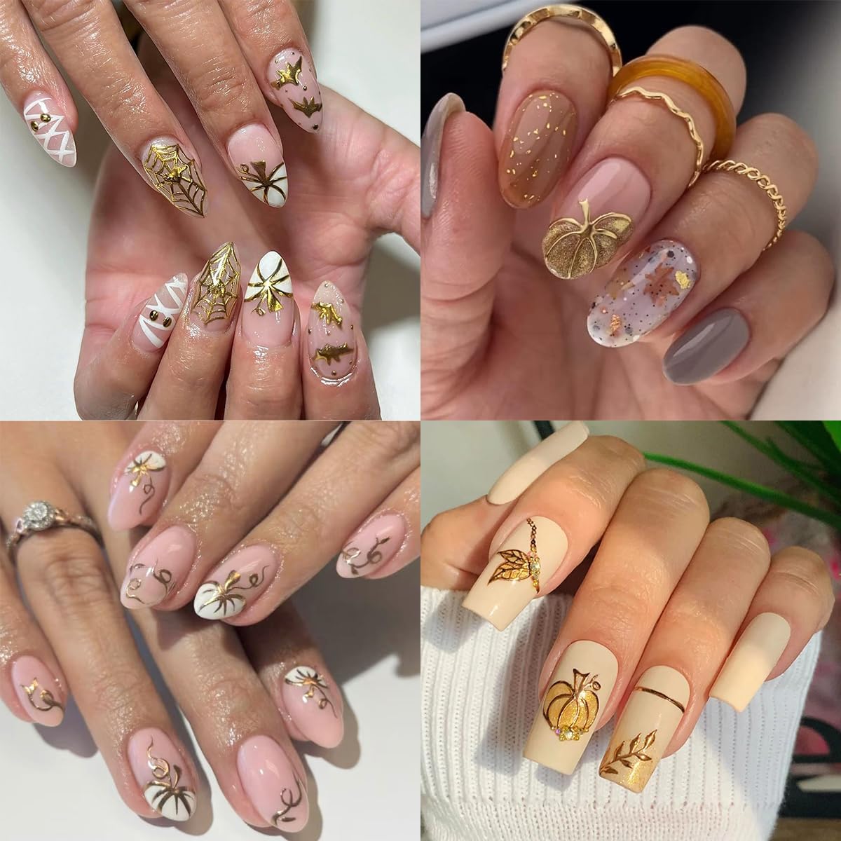 4 Sheets Halloween Nail Art Stickers Decals Fall Nail Decals Gold 3D Self-Adhesive Ghost Bat Spider Web Pumpkin Nails Decor Autumn Maple Leaf Nails Designs Stickers for Women Party Manicure Supplies