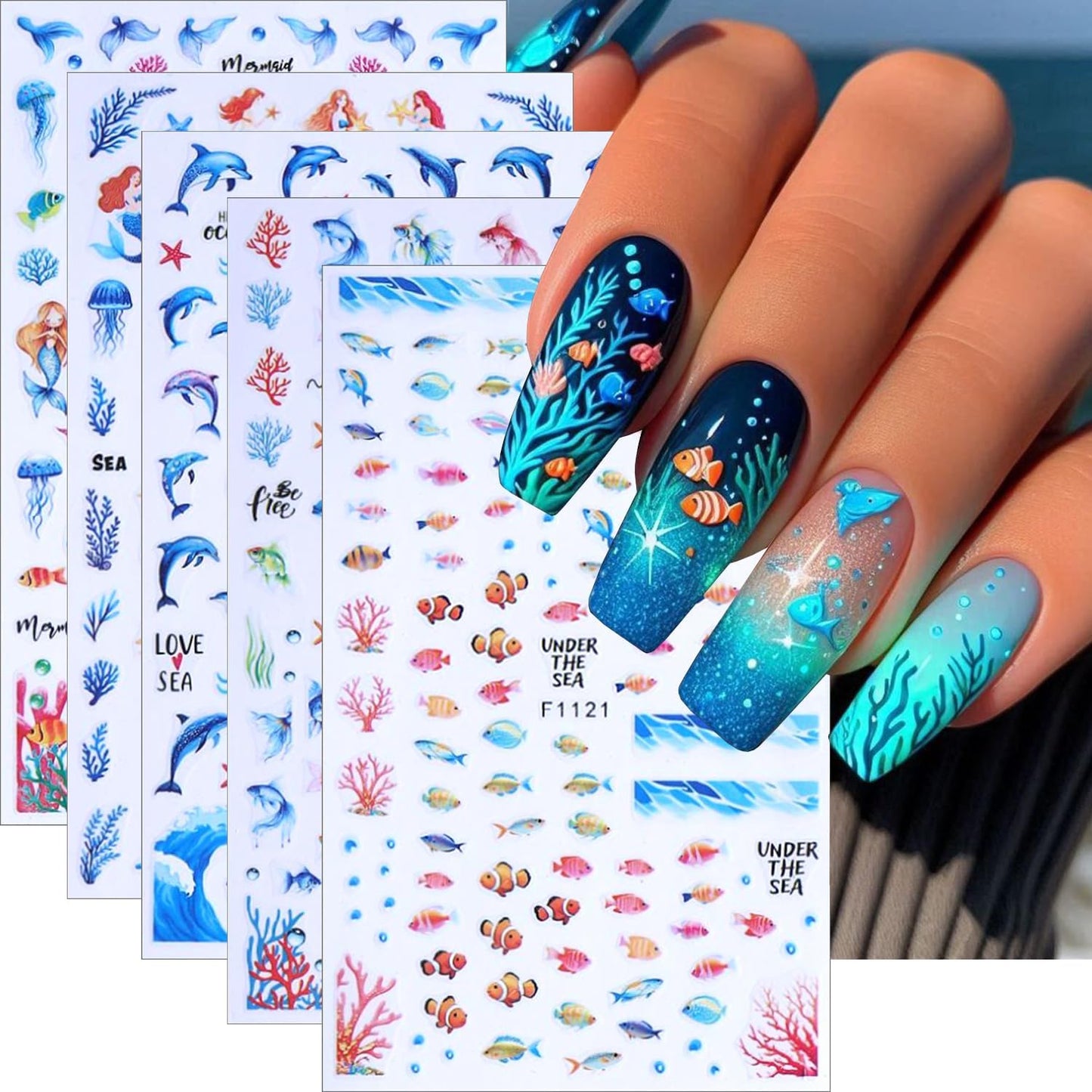 Marine Life Nail Art Stickers -3D Cute Mermaid Nail Decals Self Adhesive Small Whale Nail Stickers with Little Fish Jellyfish Designs Nail Decal Summer Nail Supplies for Women DIY Manicure Decoration