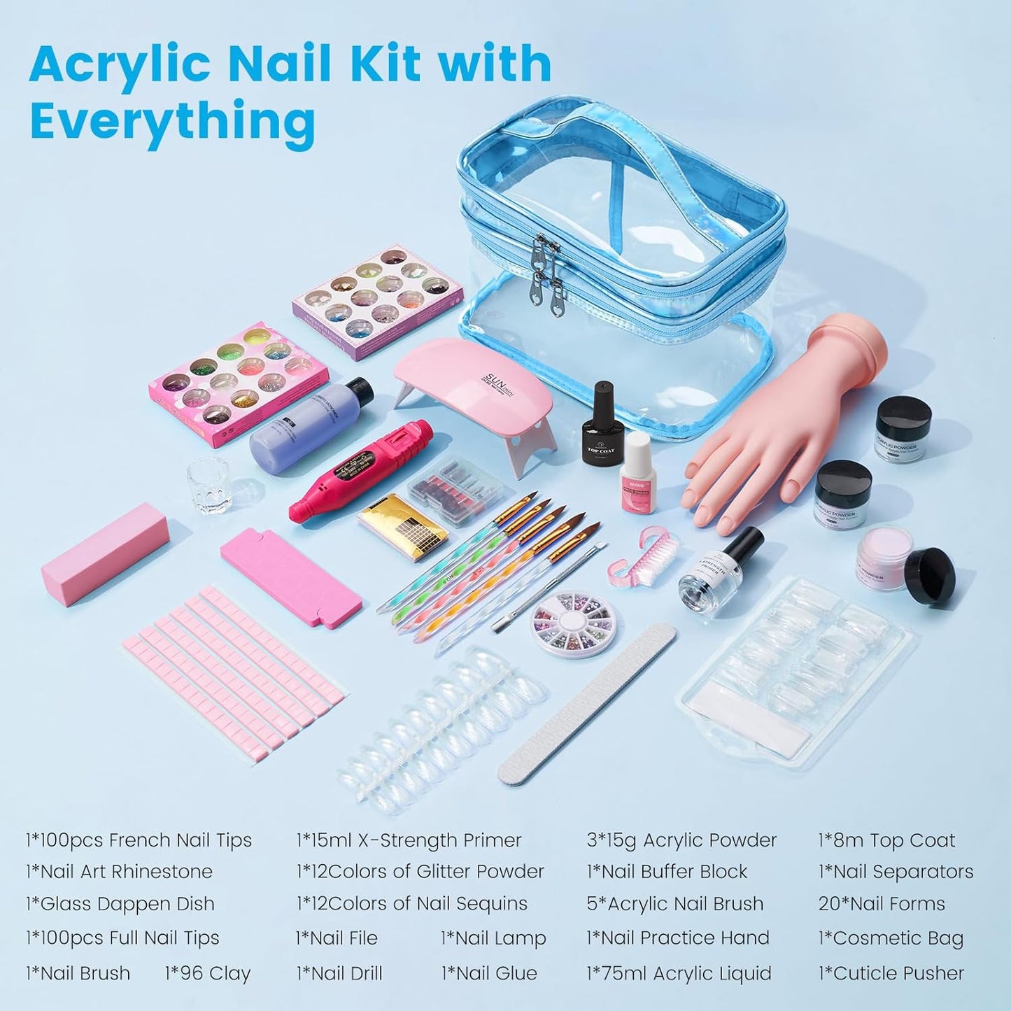 Nail Kit for Beginners with Everything: Professional Nail Acrylic Powder Liquid Set with Practice Hand Drill U V Light in Cosmetic Bag for Women Salon Home(Blue)