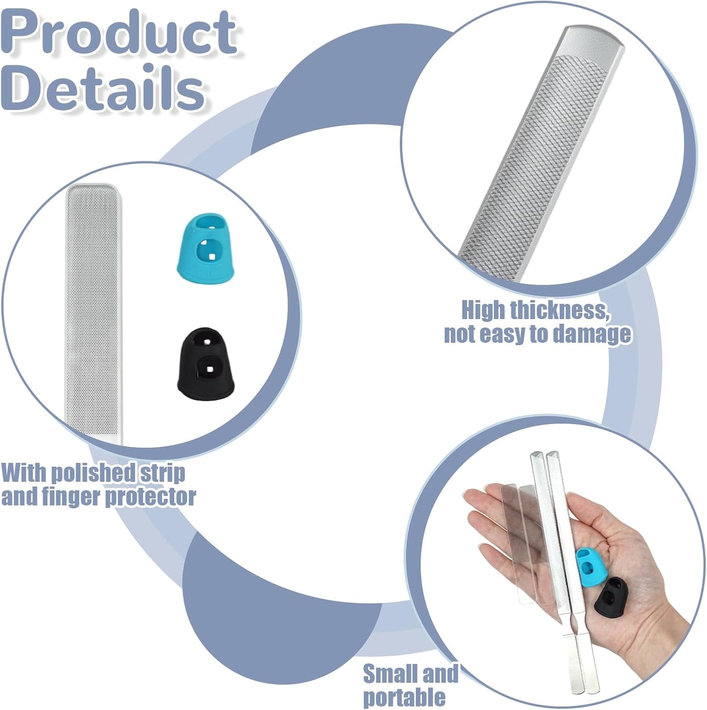 6 Pcs Stainless Steel Toenail File for Thick Nails with 4 Sided Heavy Duty Nail File Surface, Includes 2 Bright Nail Buffers and 2 Thumb Protectors for Tough Toenails Care