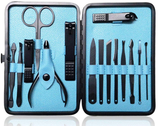 Nail Clippers Sets High Precisio Stainless Steel Nail Cutter Pedicure Kit Nail File Sharp Nail Scissors and Clipper Manicure Kit Fingernails & Toenails with Portable Stylish case (Blue 15-Piece)