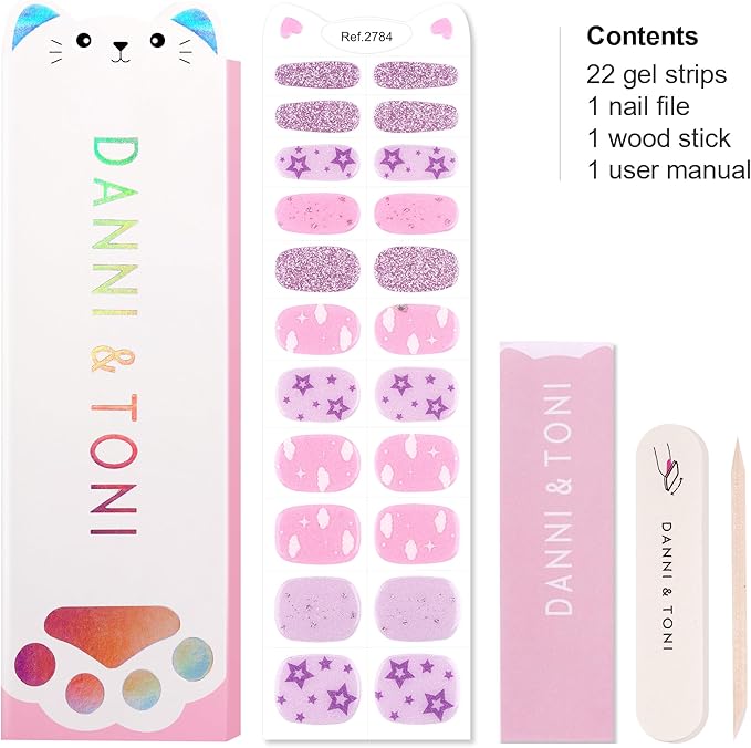 DANNI & TONI Kids Gel Nail Strips Clouds Stars Purple Glitters Salon-Quality Peel & Stick Manicure for Children (Age 6+)– Safe, Long-Lasting, Easy to Apply |Purple Dream
