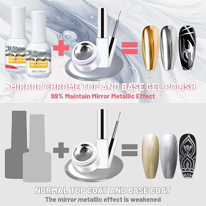 15ml Top Coat for Metallic Painting Gel, No Wipe Top Gel Polish for Metallic Gel Nail Polish, Chrome Nail Polish, Chrome Nail Powder, Mirror Nail Gel, Easy to Make Mirror Chrome Effect