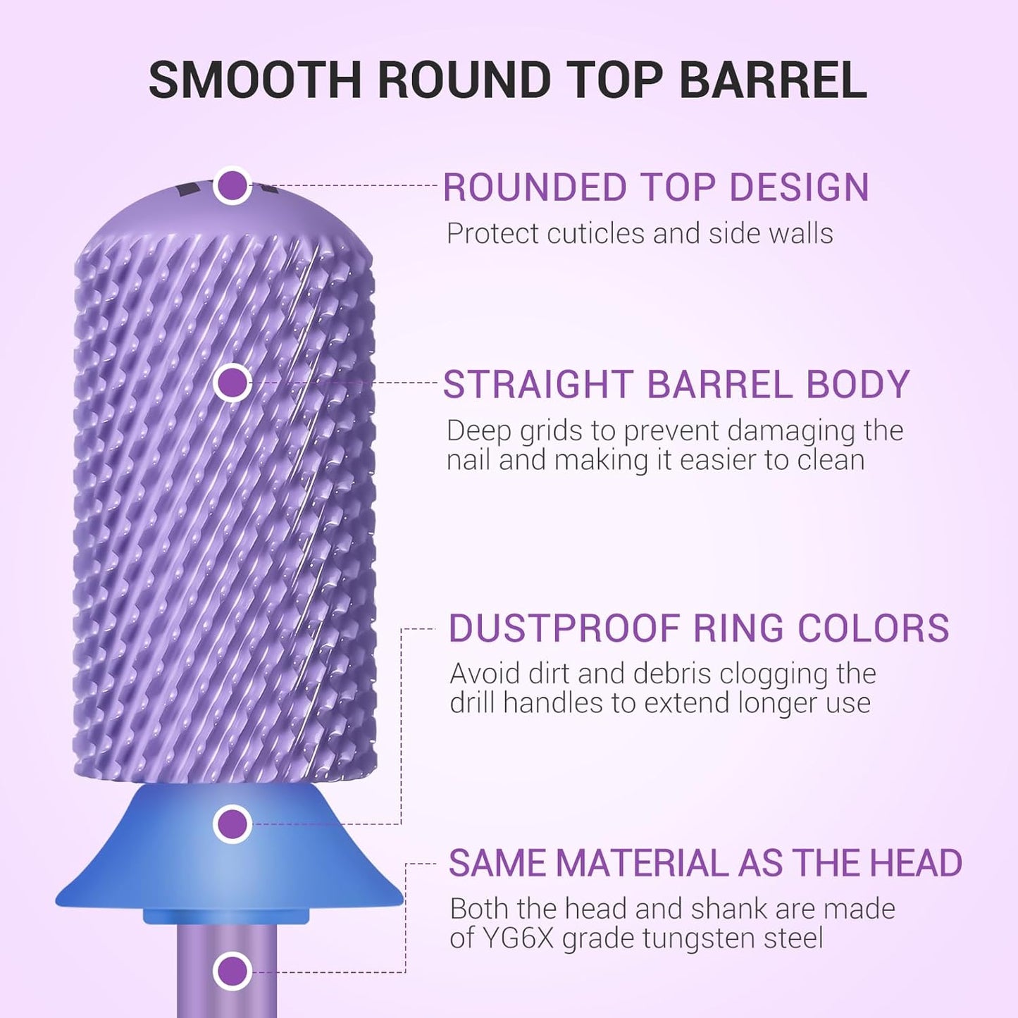 MelodySusie Safety Nail Drill Bits, 3/32'' Smooth Round Top Large Barrel Carbide Bits, Suitable for Manicure Pedicure Cuticle Gel Polishing, Beginners Bits, Purple, Series Bit-S, M