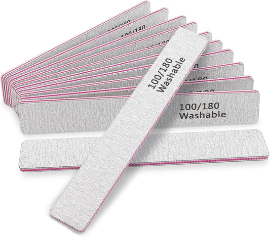 Nail File 12 PCS Professional Reusable 100/180 Grit Double Sides Washable Nail File Manicure Tools for Poly Nail Extension Gel and Acrylic Nails Tools Suit for Home Salon
