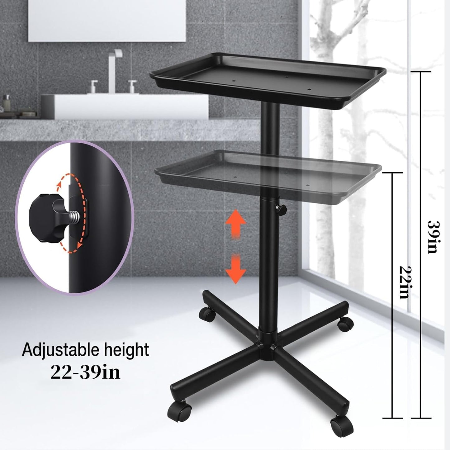 Salon Tray on Wheels, Salon Rolling Tray with Adjustable Height, Hair Stylist Tray, Suitable for Tattoo Tray and Dental Tray, No-Rusting(Black)