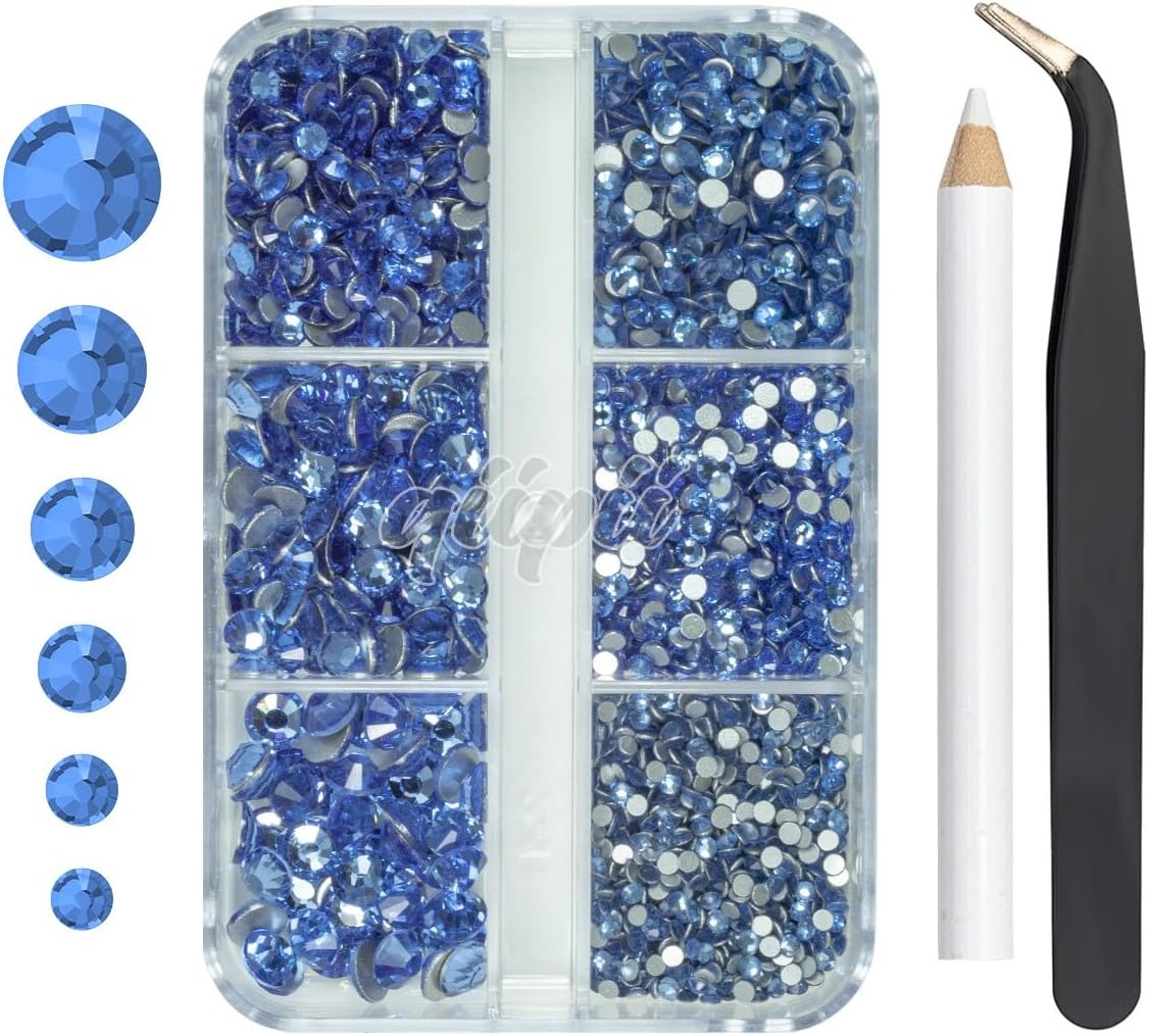 2550pcs Light Blue Nail Art Flatback Rhinestones for Face Makeup Sky Blue Nail Gems Gemstones K9 Glass SS4~SS20 6 Sizes Dark Blue Diamonds Stones w Tweezer & Picking Pen for Nails DIY Crafts