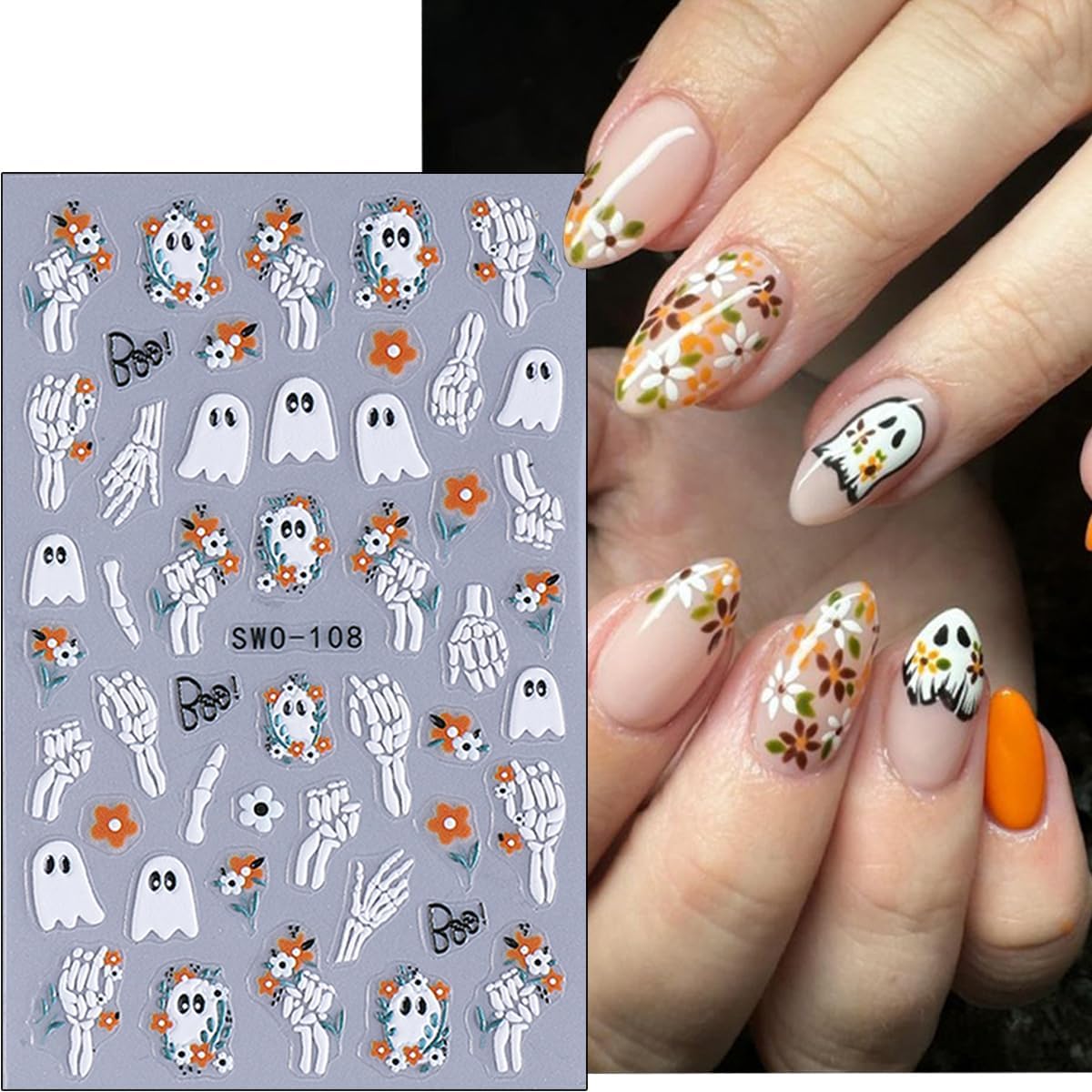 8 Sheets Halloween Nail Art Stickers Decals 3D Self-Adhesive Horror Ghost Spider Web Spider Pumpkin Hand Bone Skull Black Cat Nail Stickers Cute Halloween Nail Decals for Women Party Nails Supplies