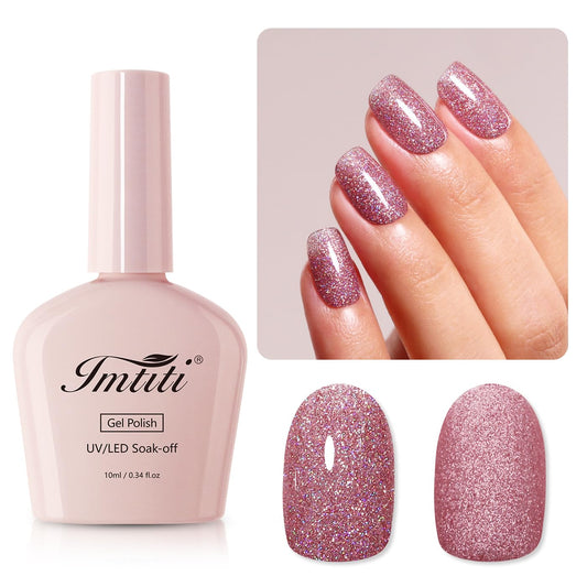 Imtiti Rose Gold Iridescent Glitter Gel Polish - Soak Off LED U V Shimmer Sparkle Nail Gel Polish DIY Nail Art Starter Kit for Women Girls 10ML