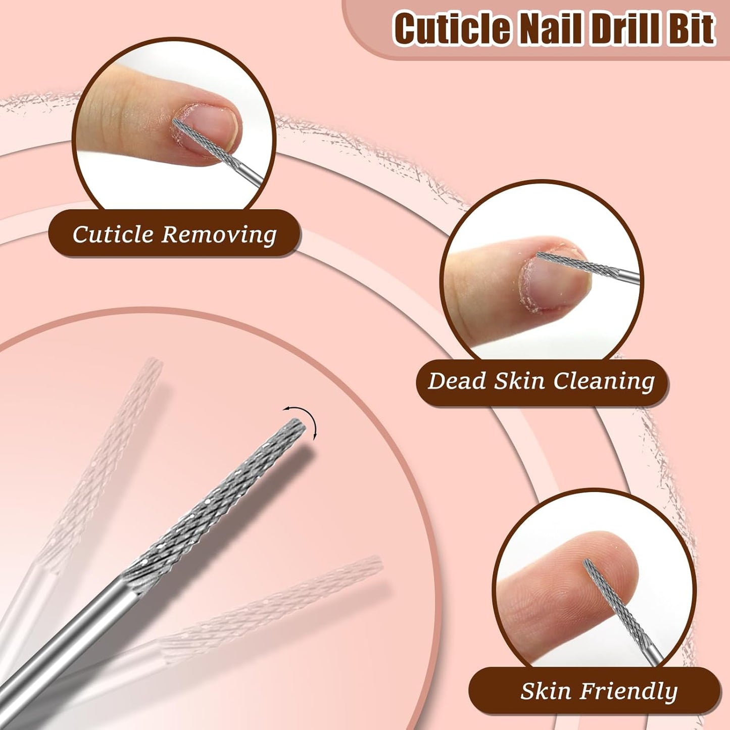 Cuticle Bit for Nail Drill 3/32'', Safety Carbide Cuticle Cleaner Bit for Dead Skin Cleaning Nail Prepare, Trimmer, Two Way Rotate, Small Cone Nail Drill Bit, Manicure Salon Experienced (Sliver, Fine)