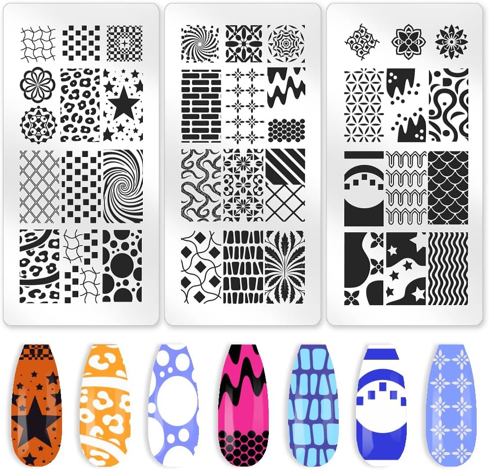 3Pcs Vintage Floral Nail Stamping Plate Star Swirls Nail Art Stamp Templates Stainless Steel Reusable Tools with Stamper Scraper for Manicure Printing