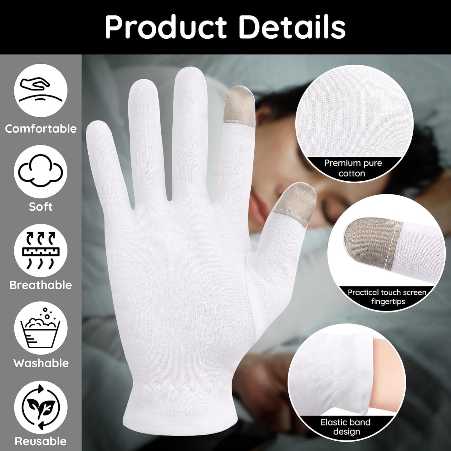 Segbeauty 12 Count Moisturizing Gloves with Touchscreen Fingers, Cotton Glove Liners with Elastic Band for Sleeping Overnight, White Cotton Glovesfor Men and Women, Work Gloves for Coin Handling Large