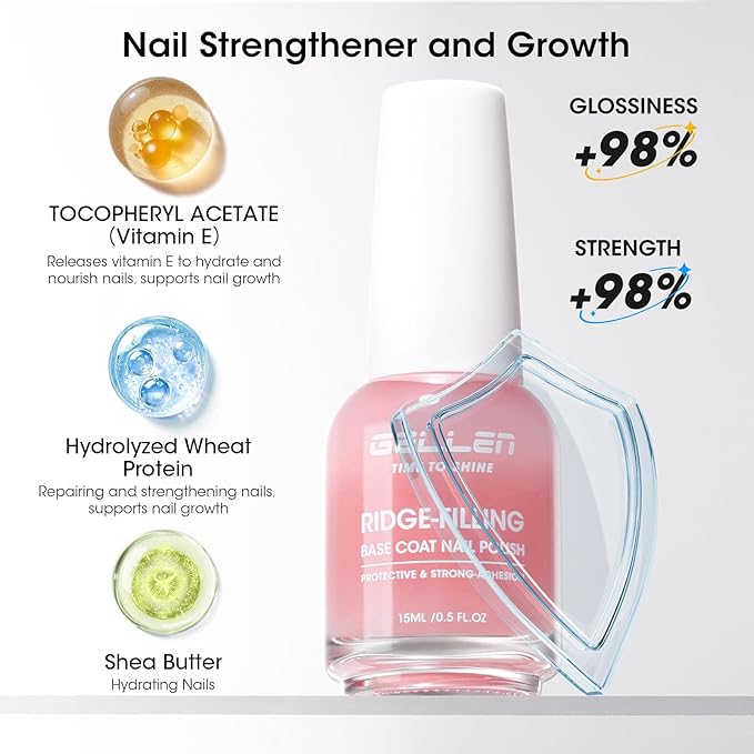 Gellen Tinted Pink Ridge Filler For Nails, Clear Nail Polish Ridge Filling Base Coat, Nail Strengthener and Growth, Hydrates Strengthenes Nourishes Damaged Dry Nails, Shea Butter & Vitamin E & Protein