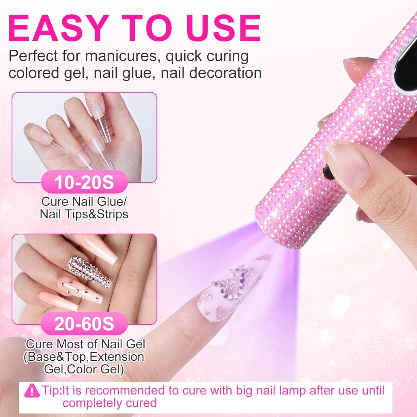 Handheld UV Light for Gel Nails, Pink Diamond Gel Light for Nails Cordless Nail Lamp Rechargeable with Led Display Lamp for Rhinestone Glue Decoration DIY at Home