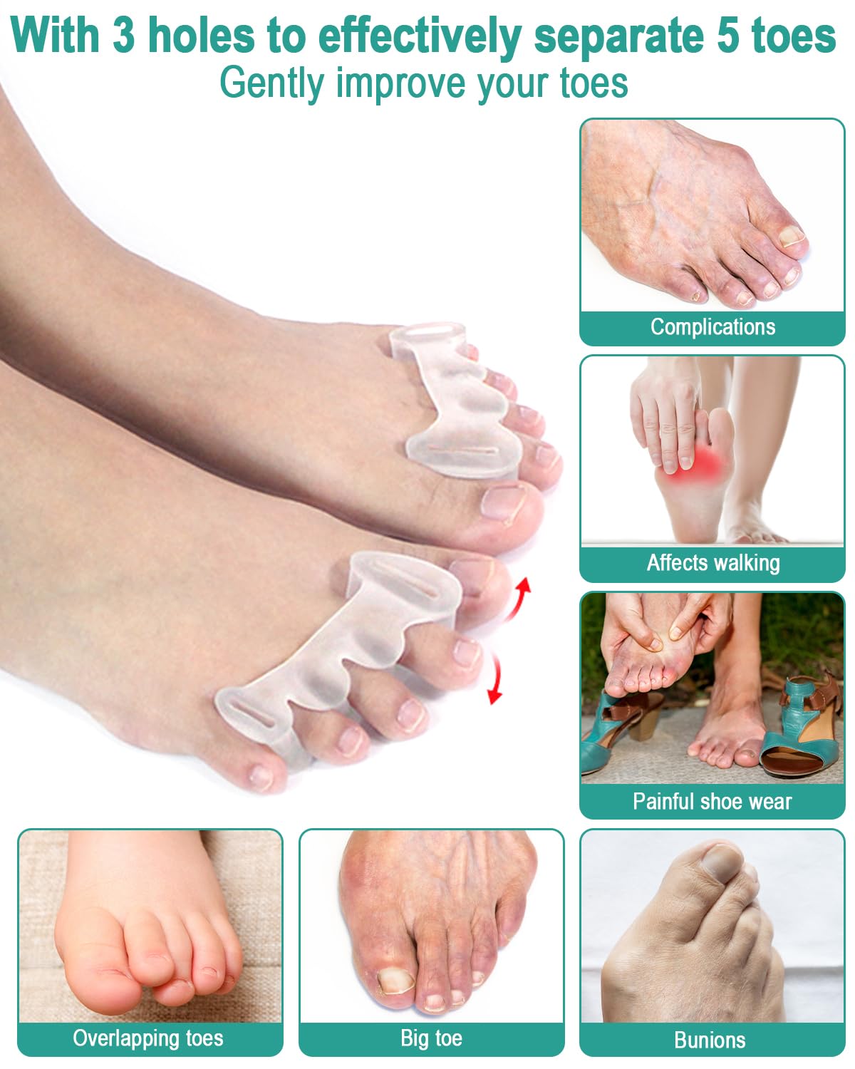 2 Pairs Toe Spacers Gel Silicone Toe Separators for Women Men to Correct Bunion Toes, Hammer Toes, Soft Big Toe Straightener Toe Corrector Toe Spreader for Feet Relief, Plantar Fasciitis