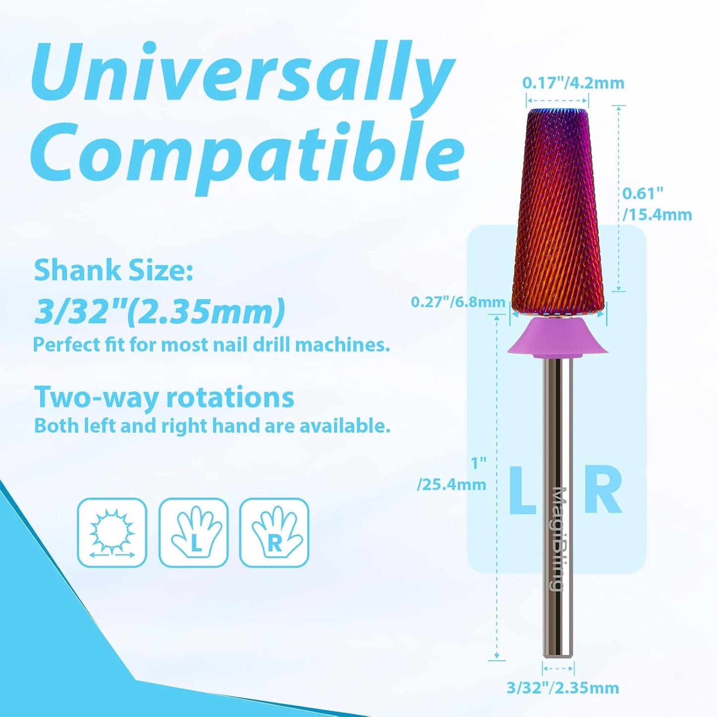 Professional Nail Drill Bits for New Artists, Cross Cut 3/32'' Safety Tungsten Carbide Tapered Bit, Remove Gel Fast, Left & Right Hand Use, Manicure Cuticle Soft Hard Gel Polishing, Double Fine.