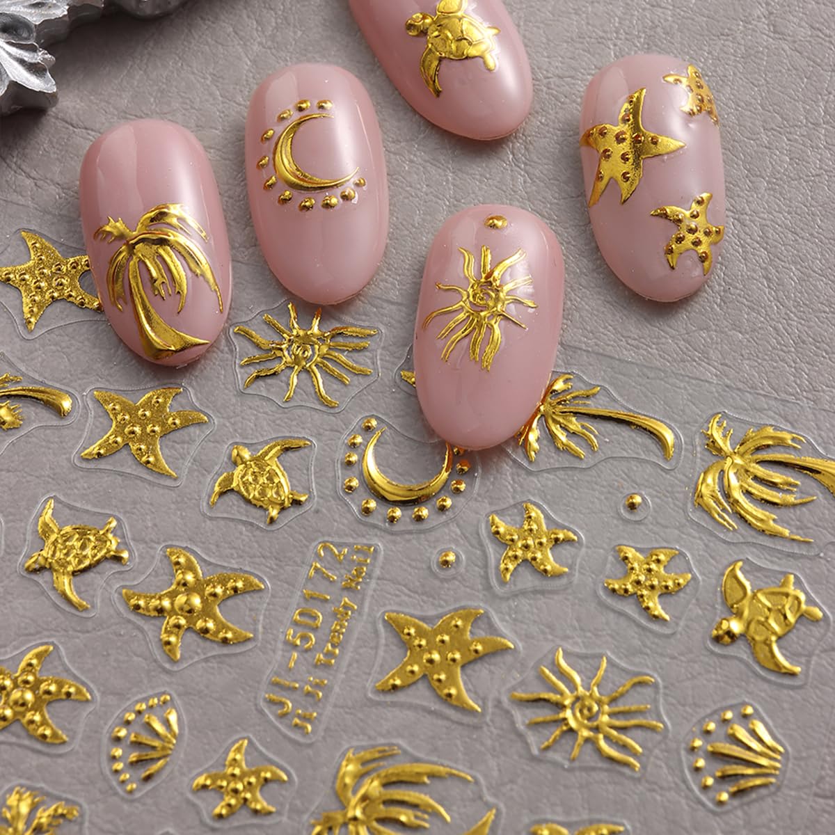 Summer Nail Art Stickers Decals Palm Tree Starfish 5D Embossed Nail Decals 2PCS Golden Coconut Tree Turtle Moons Summer Nails Design Adhesive Sticker Nail Art Supplies for Women Manicure Decorations
