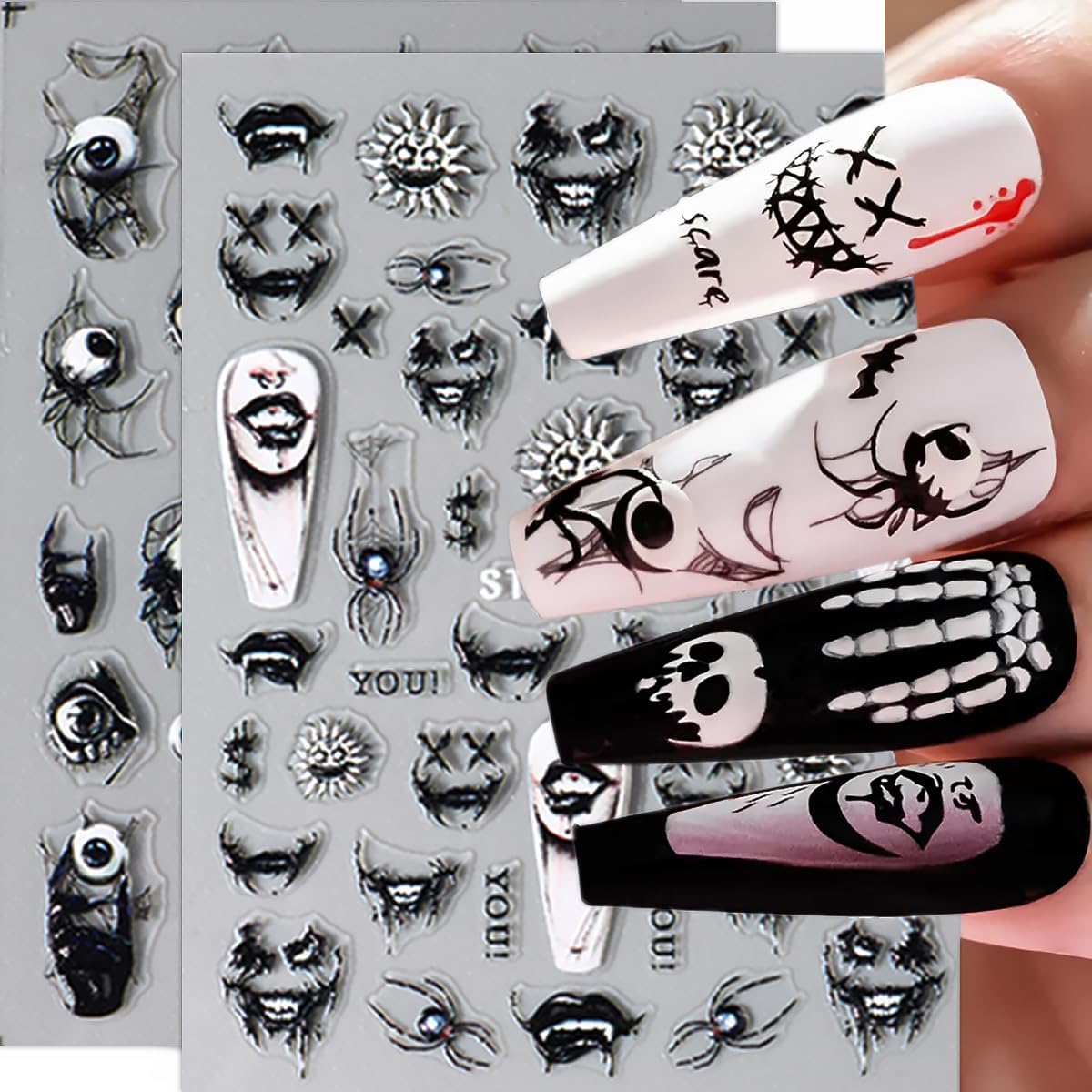 8 Sheets Halloween Nail Art Stickers - Goth Ghost, Skeleton Skull Spider Nail Decals - 3D, 5D Black Wing Nail Supplies - DIY French Manicure
