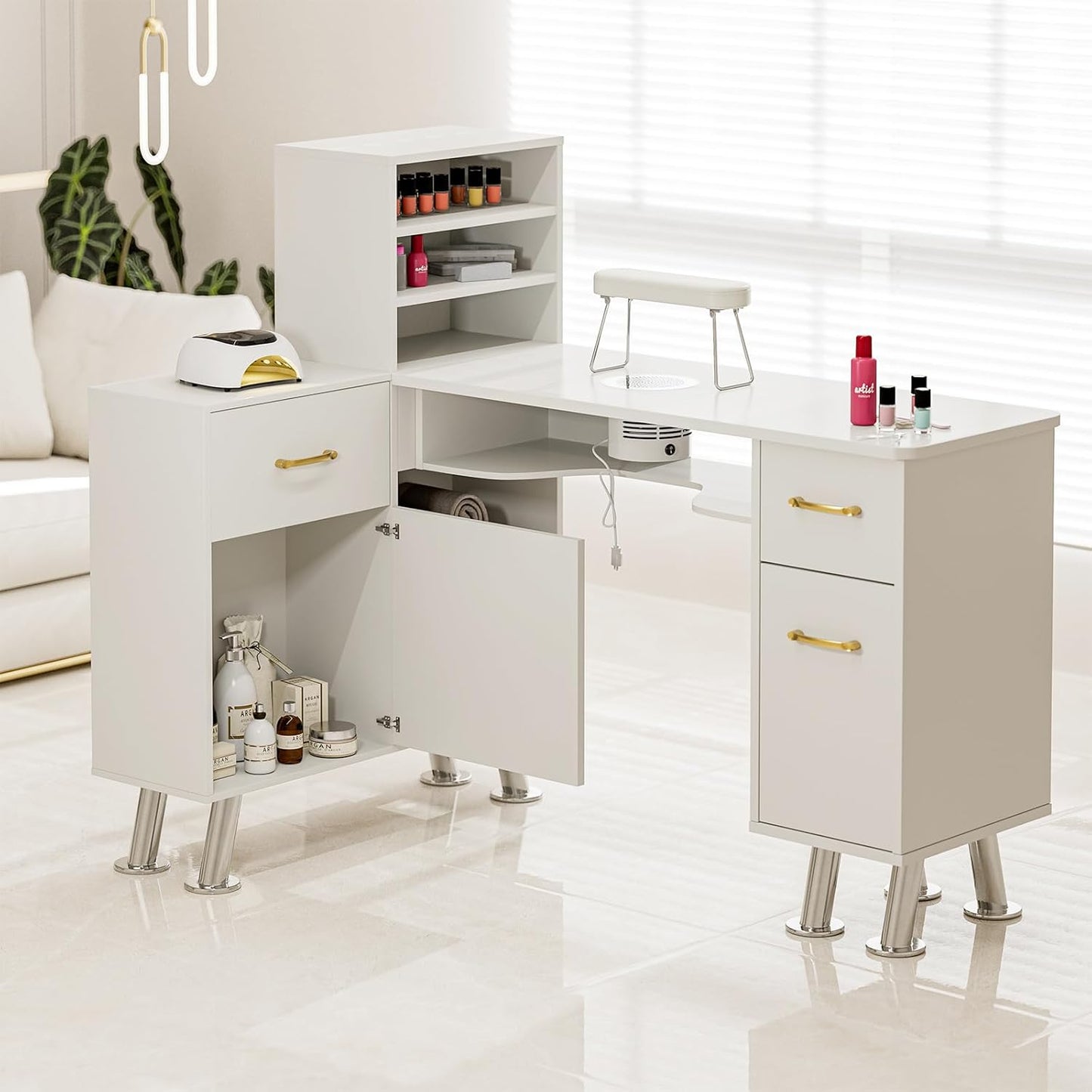 Manicure Table with Shelves, L-Shaped Nail Table Station w/Electric Downdraft Vent, Foldable Nail Arm Rest, Storage Cabinets, Drawers, Metal Handles & Legs for Nail Tech(White)