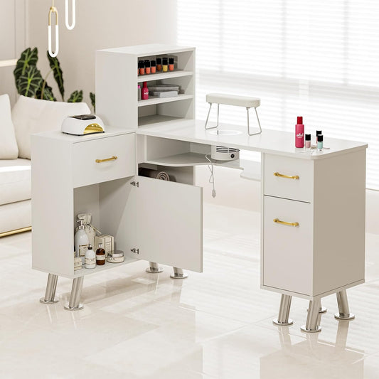 Manicure Table with Shelves, L-Shaped Nail Table Station w/Electric Downdraft Vent, Foldable Nail Arm Rest, Storage Cabinets, Drawers, Metal Handles & Legs for Nail Tech(White)