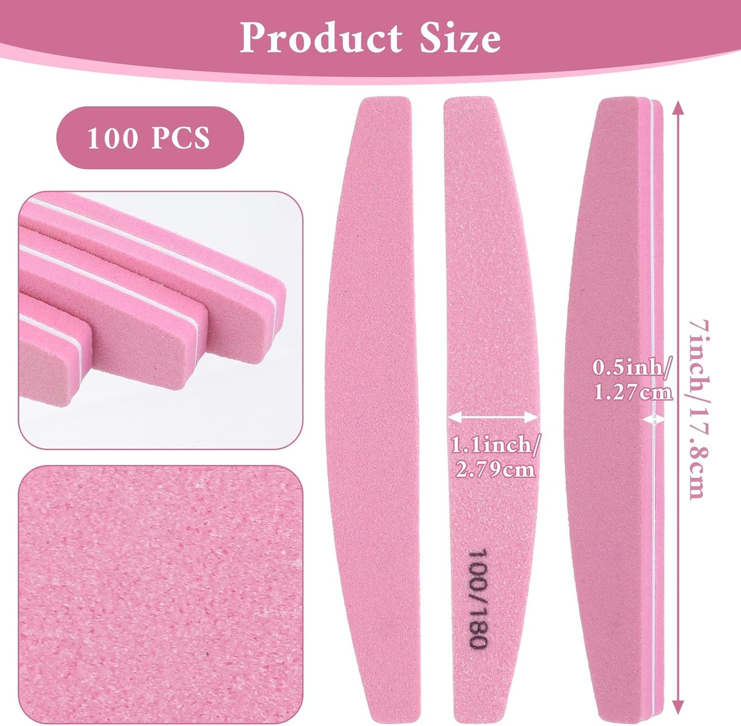 100 Pack Nail Buffers 100/180 Grit Heavy Duty Nail Files for Women Washable Double Sided Nails Sanding Block File for Acrylic Natural Gel Nails, Pink