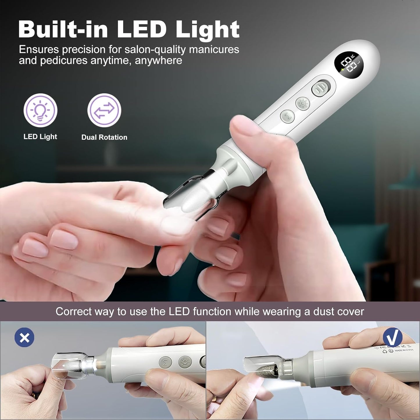2-in-1 Professional Cordless Electric Nail Drill File&Callus Remover for Feet Hand Care-Wider Grinder for Dead Skin,Thick Nails,Acrylic Gel Nails,15 Speed,LED Display for Women Men Seniors Home Salon