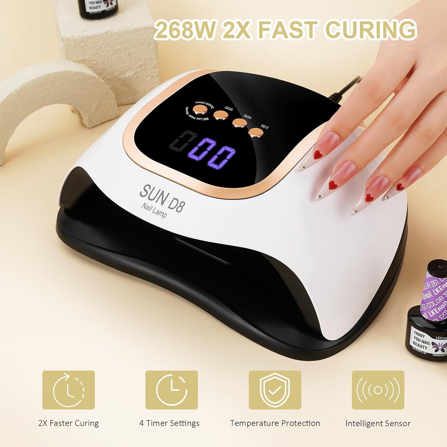 Wisdompark 268W UV LED Nail Lamp, Nail Dryer for Gel Polish, 4 Timers Curing Lamp Professional Nail Light, 66Pcs Uv Beads and Automatic Sensor (Gold)
