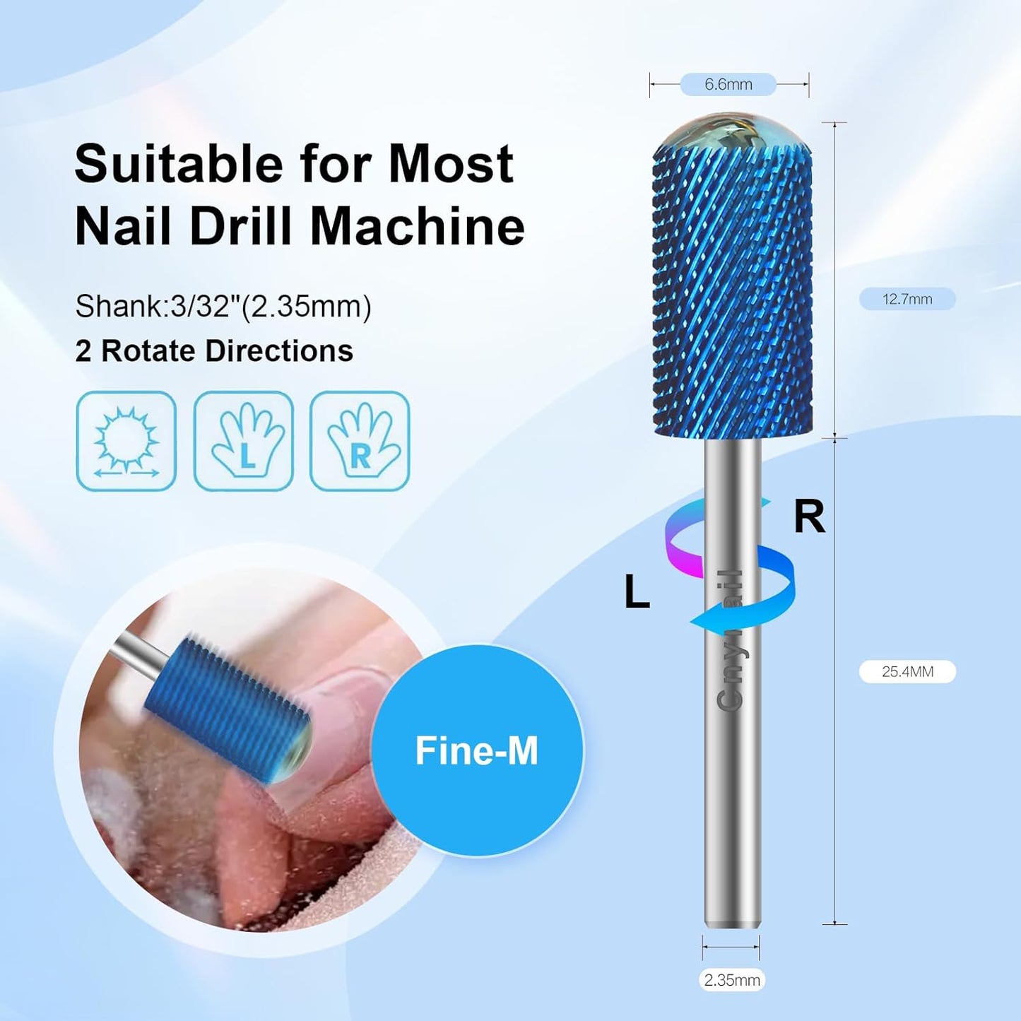 3/32" Large Barrel Smooth Round Top Tungsten Carbide Nail Drill Bit Safety Bit for Gel & Acrylic Removal, 2-Way Rotating Efile Tip, Salon Electric File Accessory (M Grit, Blue)