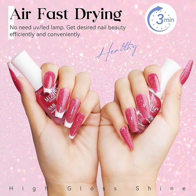 MIZHSE Quick Dry Nail Polish, Shimmery Hot Pink Nail Polish Air Dry Fast, Sparkle Shiny Water-based Glitter Non Gel Full Coverage Nail Art Manicure Home 15ml