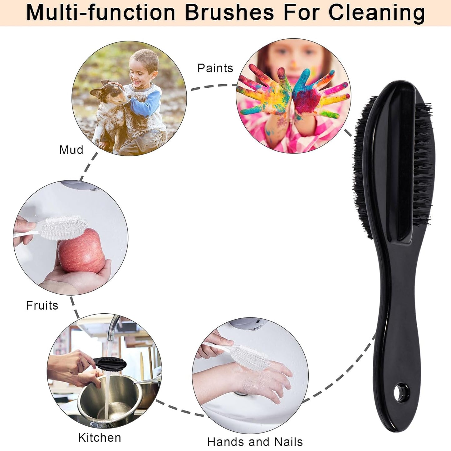 Nail Brush for Cleaning Fingernails 4 PCS, Long Handle Grip Double Sided Nail Foot Scrub Brush Fingernail Cleaner, Soft Stiff Bristles Pedicure Nail Scrubber Non-Slip for Men Women, Black Pink