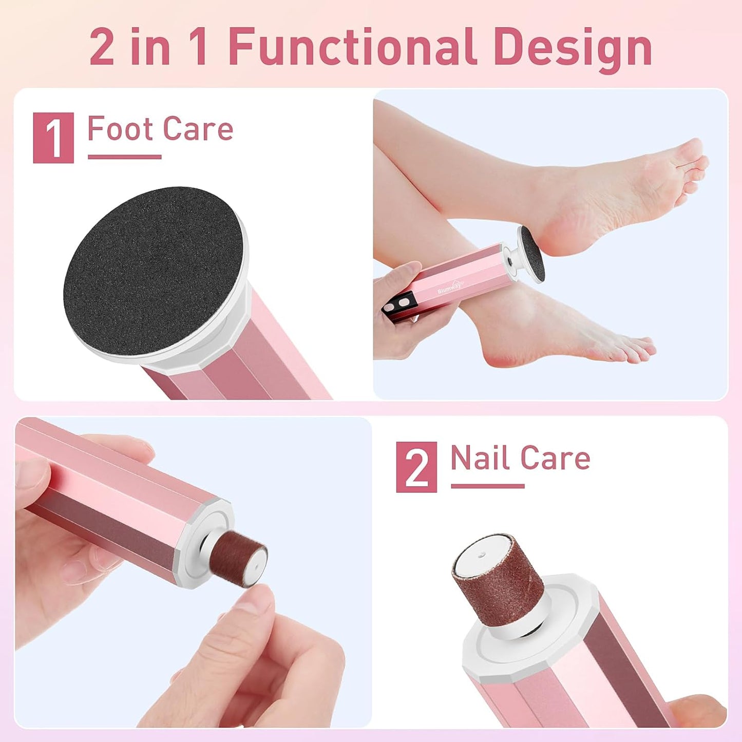 Blumway Electric Foot Callus Remover, 2 in 1 Electric Foot File Nail Grinder, 9 Adjustable Speeds &10+10+10 Replacement Sandpaper Pedicure Tools for Men Women Feet Dead Skin
