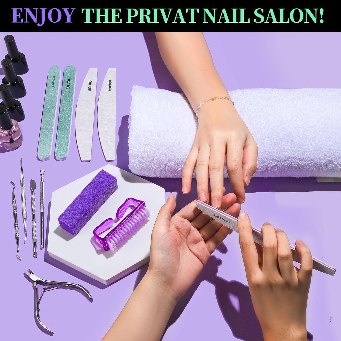 FANDAMEI Manicure and Pedicure Tools Kit, Manicure Kit, Nail Files 100/180, Nail Buffer Block, Nail Cuticle Nippers, Cuticle Pusher, Cuticle Peeler, Ingrown Toenail Tool, Toenail File, Purple