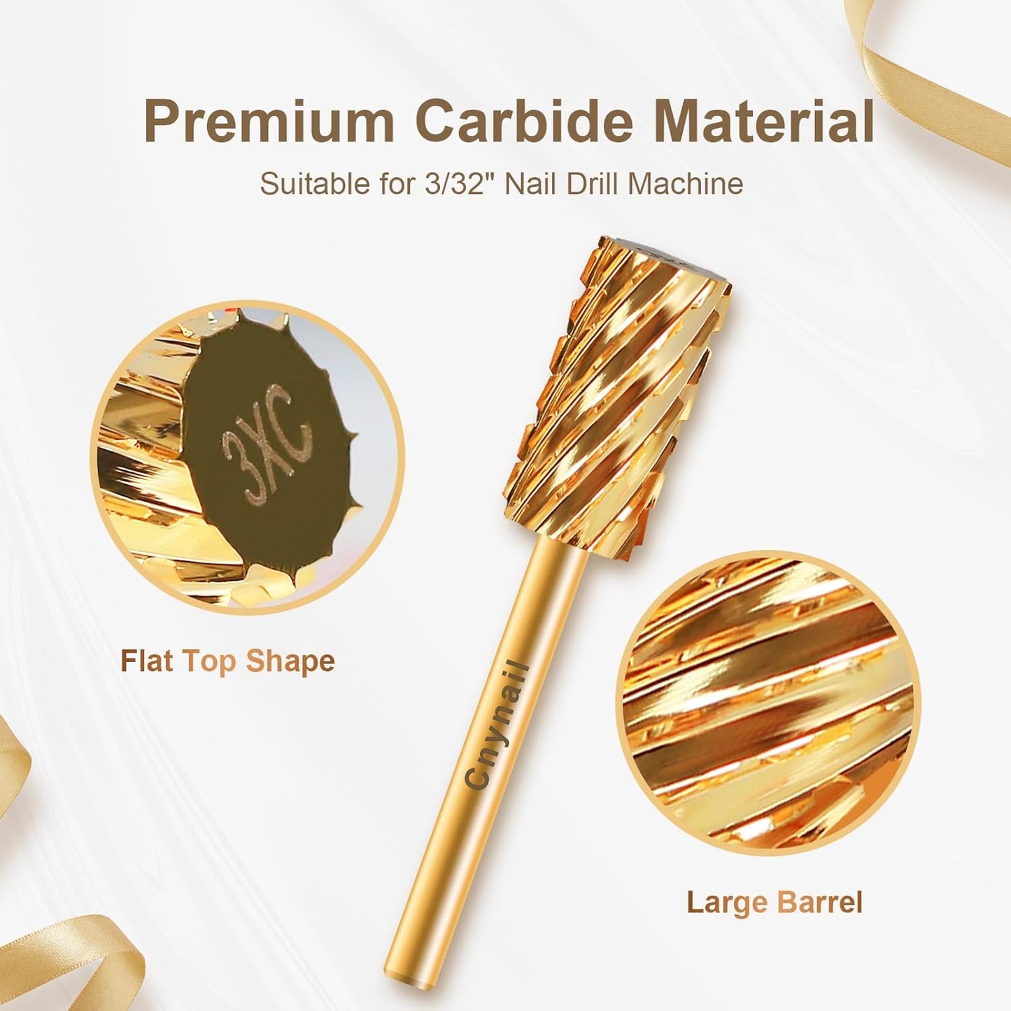 3/32" Large Barrel Flat Top Tungsten Carbide Nail Drill Bit Safety Bit for Gel & Acrylic Removal, 2-Way Rotating Efile Tip, Salon Electric File Accessory (3XC Grit, Gold)