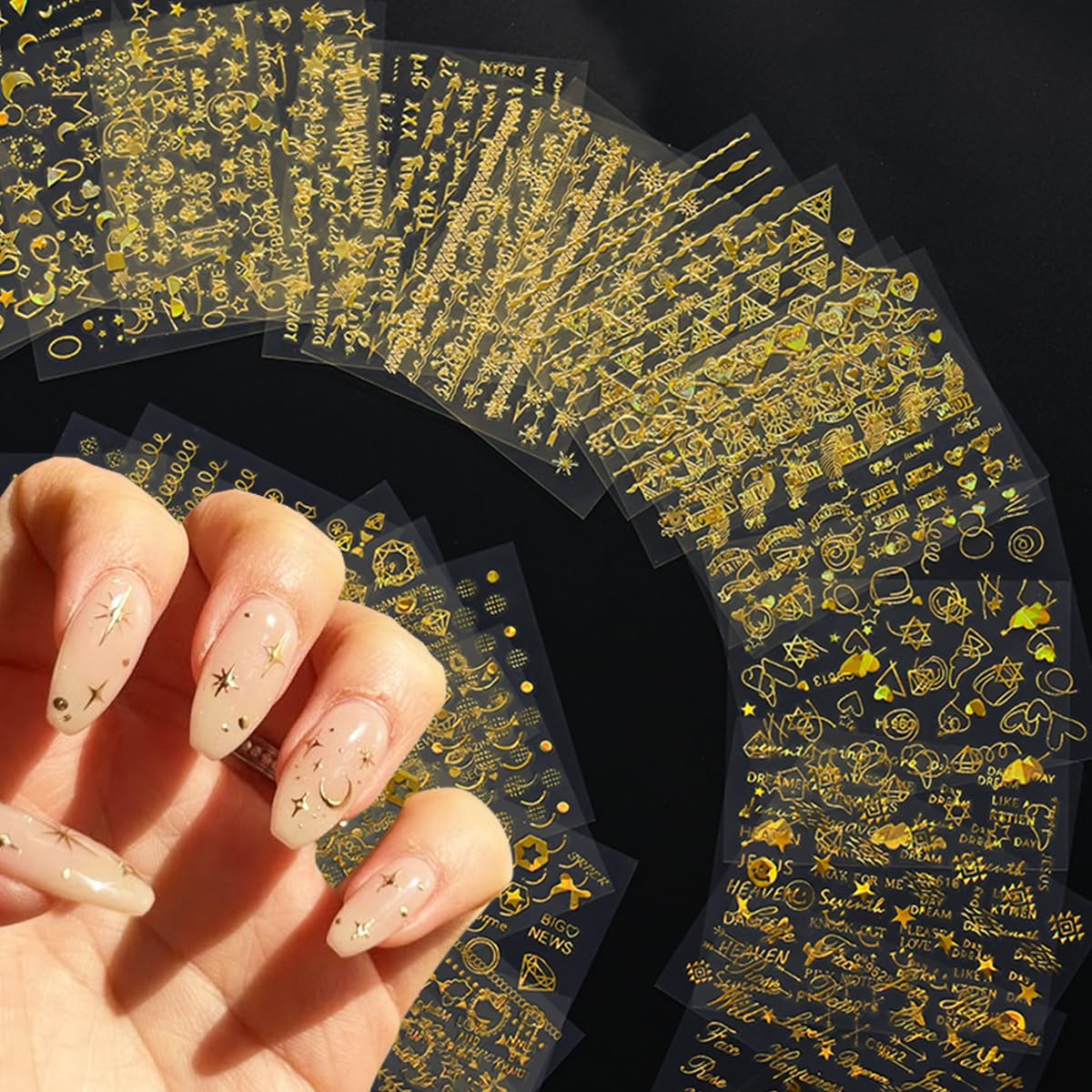 30 Sheets Gold Nail Art Stickers 3D Self-Adhesive Gold Line Nail Stickers Star Moon Heart Nail Design Sticker Lrregular Lines Nail Decals Acrylic Nail Art Supplies for Women