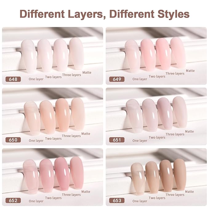 RARJSM Nude Gel Nail Polish Sheer Jelly Gray Pale Pink Gel Polish Set of 6 Transparent Colors Clear Light Brown Gray Purple Neutral Nuded Nail Varnish LED UV Curing Requires 7.5ml for Home Salon