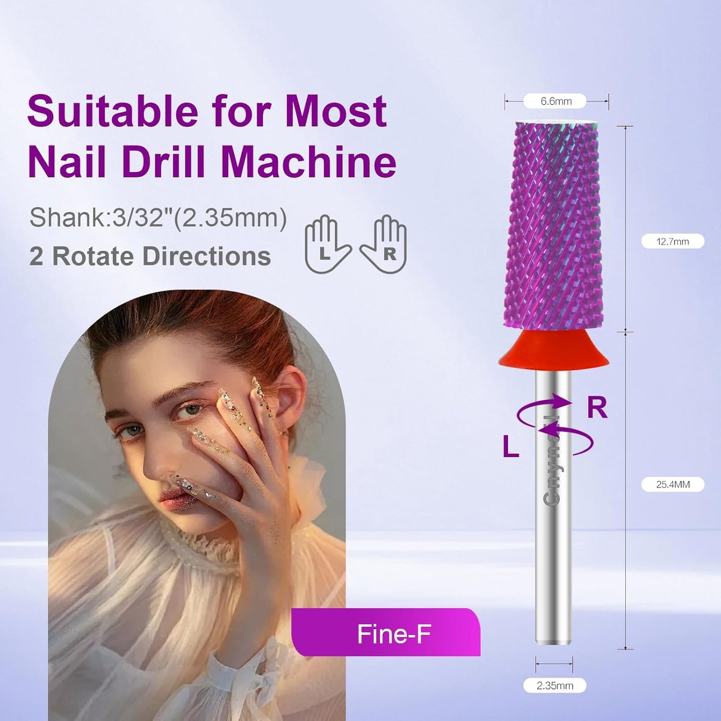 Cnynail 3/32" Large Tapered Barrel Flat Bit Tungsten Carbide Nail Drill Bit Safety Bit for Gel & Acrylic Removal, 2- Way Rotating Efile Tip, Salon Electric File Accessory (F Girt, Purple)
