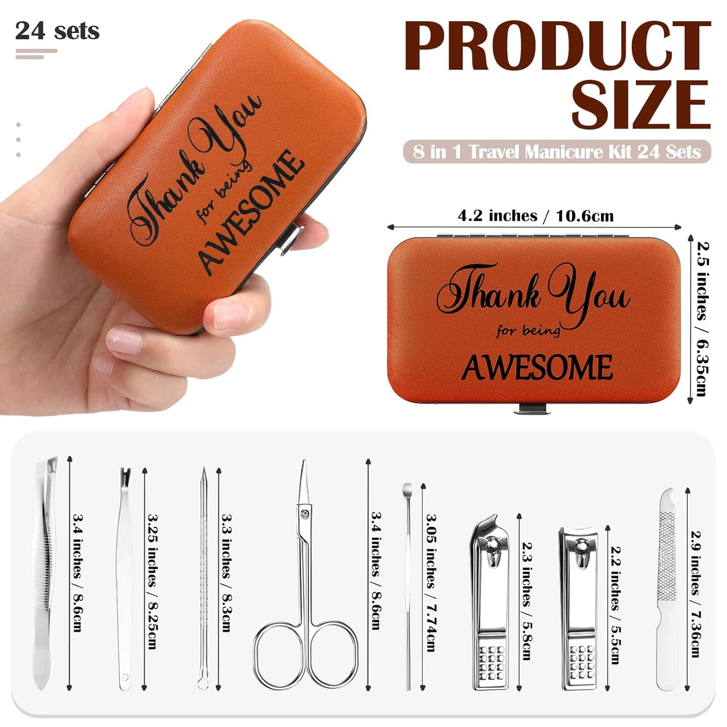 Therwen 24 Sets Manicure Set Nail Clippers 8 in 1 Stainless Steel Grooming Nail Kit Thank You Appreciation Gift Professional Pedicure Tool for Men Women Personal Care(Brown)