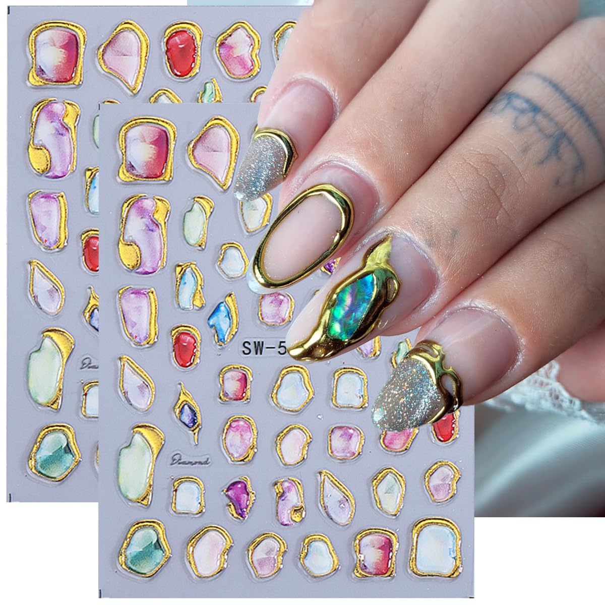 Marble Nail Art Stickers 5D Embossed Gold Line Marble Nail Decals 2PCS Gradient Bloom Metallic Irregular Grain Design Self-Adhesive Manicure Stickers Accessories for Women DIY Nail Art Decorations