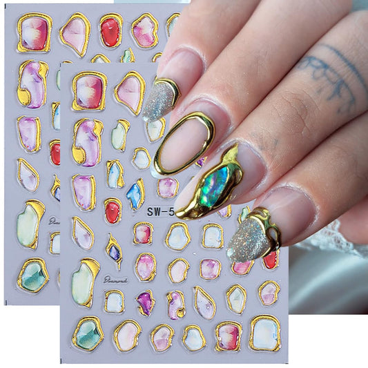 Marble Nail Art Stickers 5D Embossed Gold Line Marble Nail Decals 2PCS Gradient Bloom Metallic Irregular Grain Design Self-Adhesive Manicure Stickers Accessories for Women DIY Nail Art Decorations