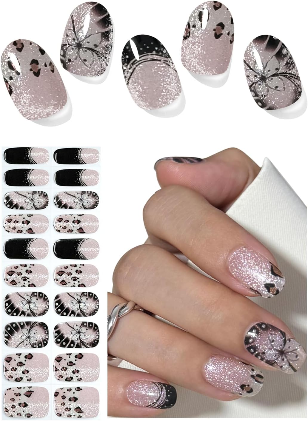 Semi Cured Gel Nail Strips, French Leopard, Cat Eye 20pcs Adhesive UV Sticker, Wraps for Home Manicure DIY