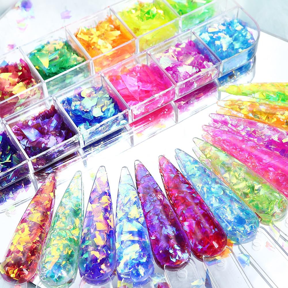 12-Grid Colorful Holographic Mermaid Nail Art Glitter Gradient Colorful ice slag Nail Sequins Irregular Candy Color Summer Metal foil DIY Nail Art Decoration