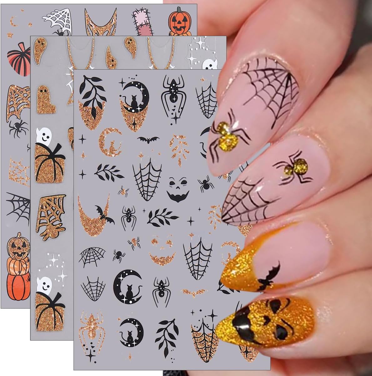 5 Sheets Halloween Nail Art Stickers 3D Self-Adhesive Gold Silver Halloween Nail Decals Glitter Pumpkin Spider Web Bat Ghost Nails Stickers Holiday Nails Art Supplies for Women DIY Manicure Art Kit