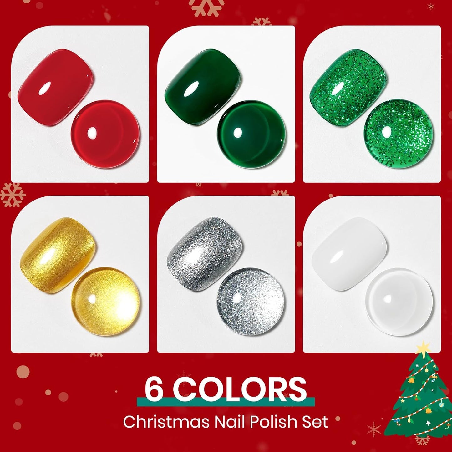 Christmas Nail Polish Set, 6 Colors Red Green Gold Silver Mini Nail polish Non Gel, Quick Dry Fast Drying Fingernail Lacquer for Women Girls Christmas Manicure Salon DIY Home