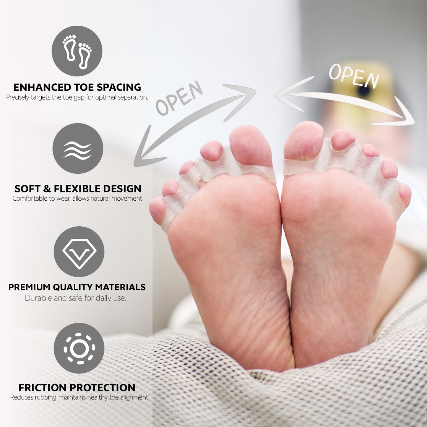 Durable Unisex Toe Separators with Sparkle Design for Yoga & Daily Use - Flexible Silicone toe Spacers for Bunions, One-Size-Fits-All for Men & Women (2PCS) (Transparent)