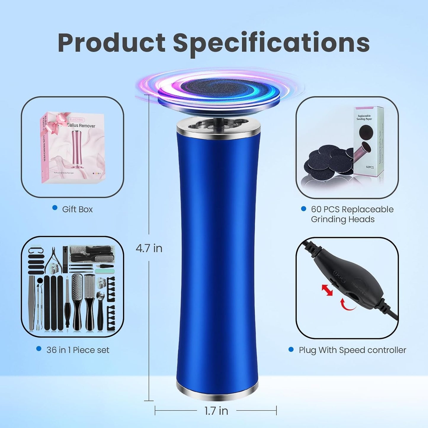 Electric Foot Callus Remover with 36 in 1 Pedicure Kit | Adjustable Speed | Mini Portable | 60 Pcs Sandpaper Discs | Professional Electric Callus Remover for Feet for Dead Skin and Calluses
