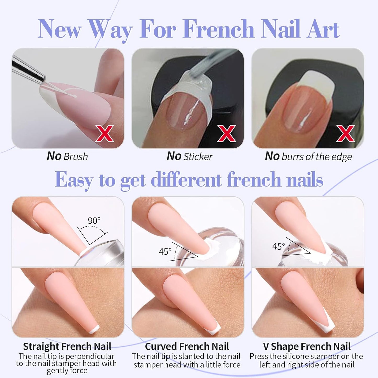 BORN PRETTY French Tip Nail Stamp,4Pcs Nail Art Stamper Kit with Scrapers,Clear Silicone Stamping Long & Short Jelly Stamper Nail Printing Tool for French Manicure Home DIY Salon